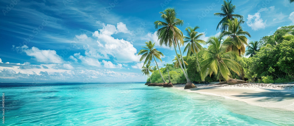 Idyllic scene of lush green palm trees against a clear turquoise blue water in paradise.