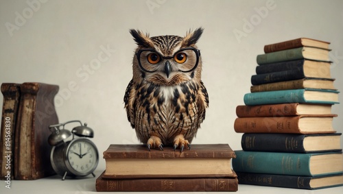 Wallpaper Mural image of an owl with glasses sitting on a stack of books. White background Torontodigital.ca