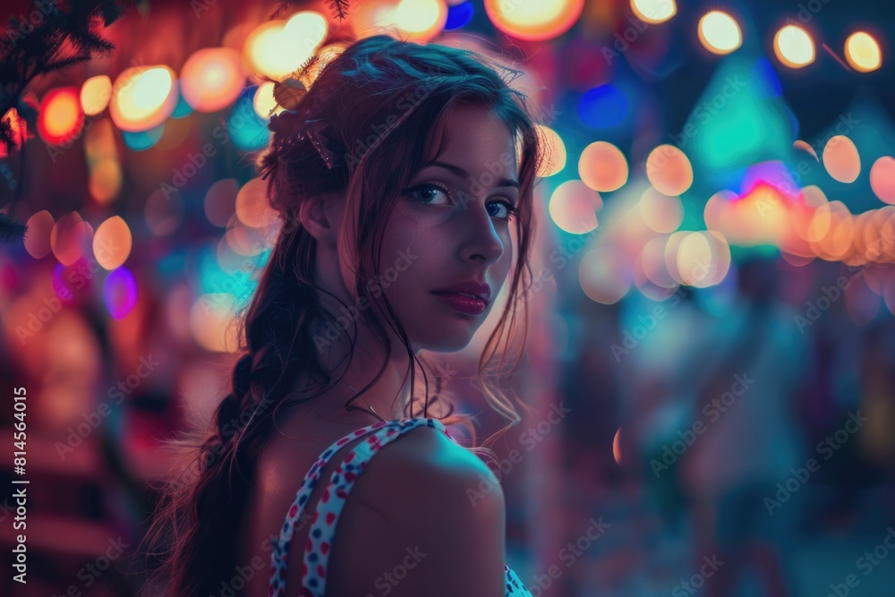 A beautiful young woman standing in front of vibrant, colorful lights. Perfect for adding a pop of color to any project A beautiful young woman standing in front of vibrant, colorful lights. Perfect for adding a pop of color to any project