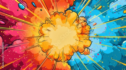 Compose a vibrant superhero invitation with a central explosion motif in bright colors, leaving a clear area for party details