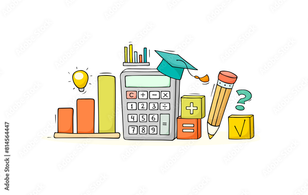 Finance business idea concept with calculator and light bulb. Vector hand drawn illustration of economy knowledge, financial analytics with doodle pencil, graph, calculator and lamp Finance business idea concept with calculator and light bulb. Vector hand drawn illustration of economy knowledge, financial analytics with doodle pencil, graph, calculator and lamp
