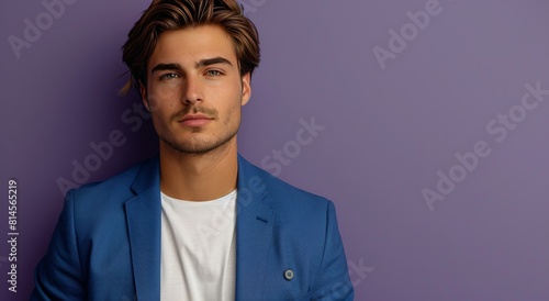 Man in Blue Jacket Leaning Against Purple Wall