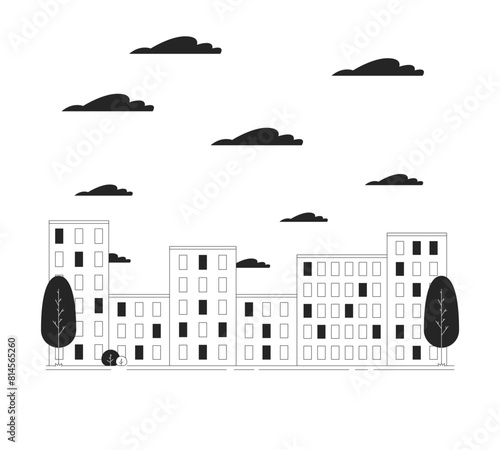 Cityscape with multistory apartment buildings line black and white line illustration. Dwelling block of town 2D lineart objects isolated. Urban area monochrome scene vector outline image