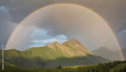 A mountain scene with a rainbow arching over the s upscaled_3