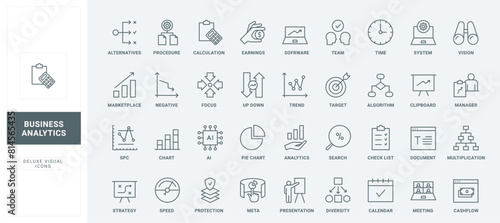 Research technology, management and data control of analyst, statistical model and strategy thin black and red outline symbols, vector illustration. Business data analysis and analytics line icons set