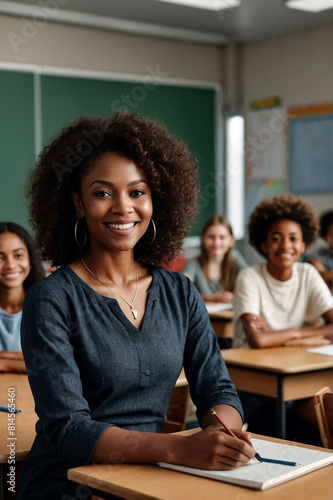 Portrait of teacher black woman in middle school at classroom with learning students, look at camera. Proud lady educator with children, smiles pleasantly. Study education concept. Copy ad text space
