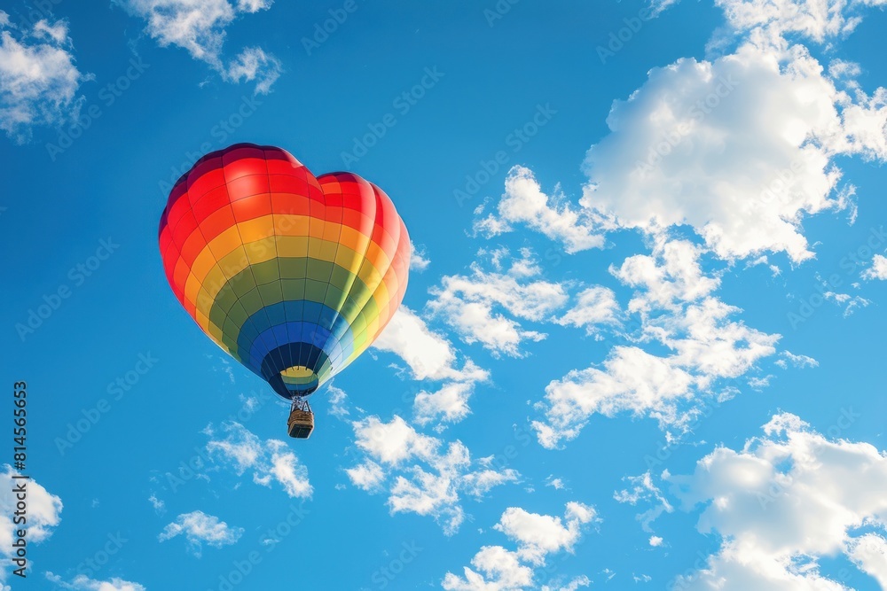 Fototapeta premium Colorful Hot Air Balloon Soaring High in a Clear Blue Sky for Adventurous Escape - Generative AI