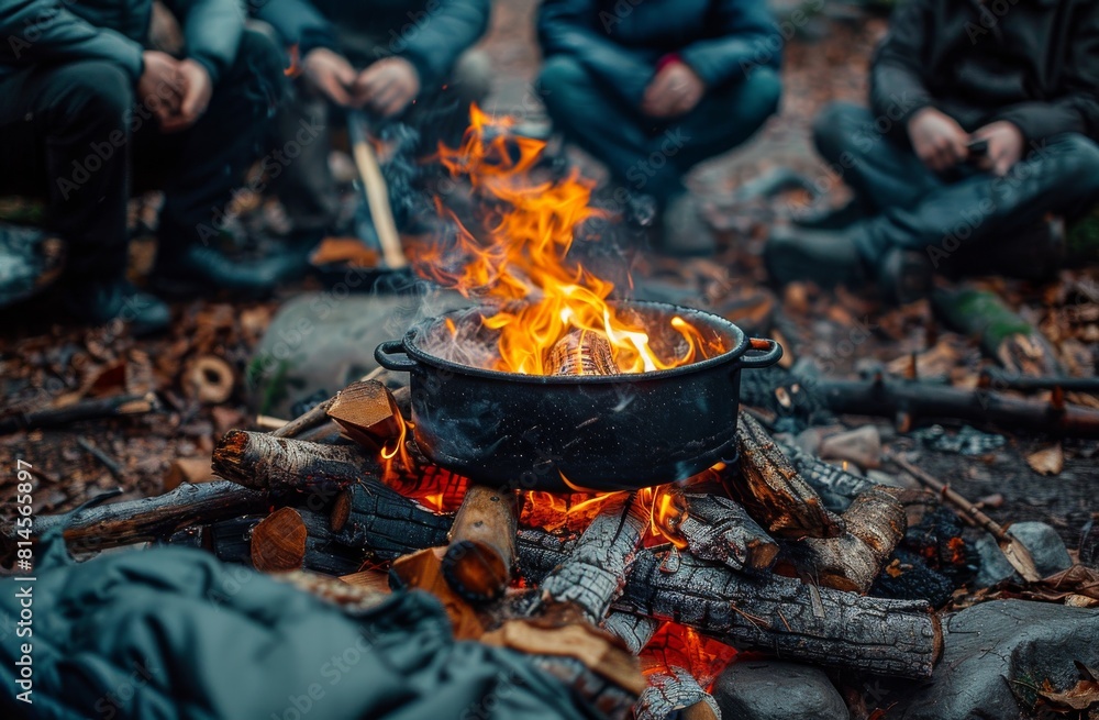 People Sitting Around Campfire With Pot People Sitting Around Campfire With Pot