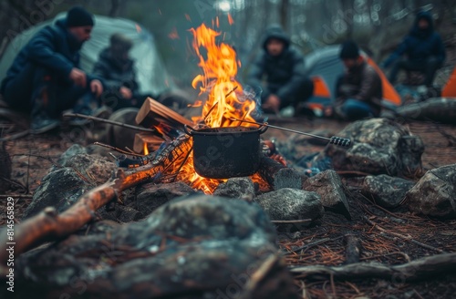 People Sitting Around Campfire With Pot