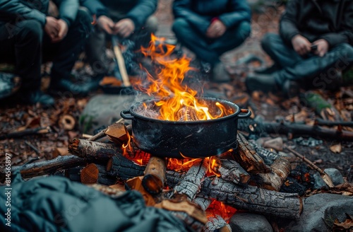 People Sitting Around Campfire With Pot