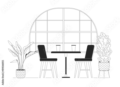 Cozy restaurant interior line black and white line illustration. Table near window in coffeeshop 2D lineart objects isolated. Dinner at fancy cafeteria monochrome scene vector outline image