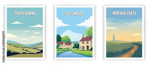 South Downs, Costwolds, Norfolk Coast Illustration Art. Travel Poster Wall Art. Minimalist Vector art