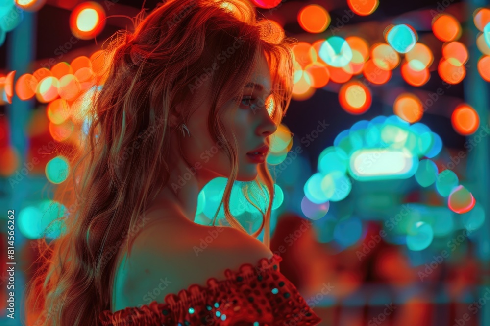Woman standing in front of carousel at night, suitable for entertainment or nightlife concepts Woman standing in front of carousel at night, suitable for entertainment or nightlife concepts