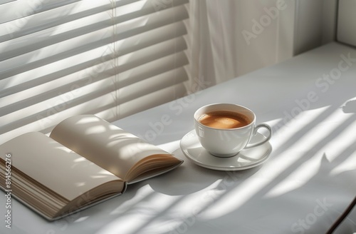 Coffee Cup and Open Book on Bed