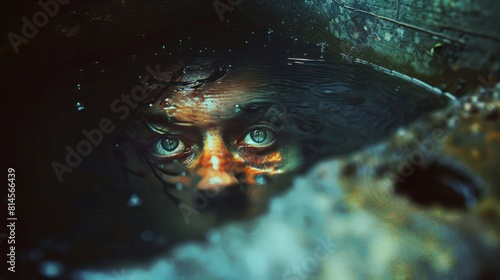 Mysterious Eyes Peering from Water in Dark Environment © Rade Kolbas