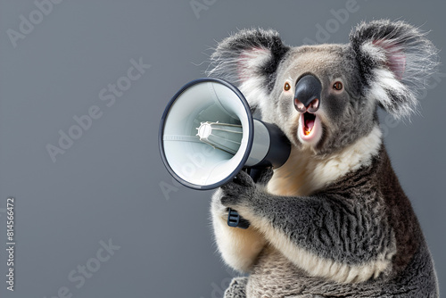 koala bear holding megaphone, panoramic layout.