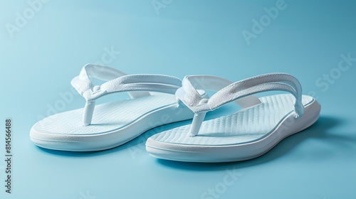 Light blue rubber flip-flops isolated on a blue background. The flip-flops are made of soft rubber and have a textured footbed. photo