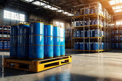 Industrial interior of warehouse storage of chemical liquids on racks and trolley. Liquid blue package storage in warehouse. Concept of industry warehousing and stored of goods. Copy ad text space