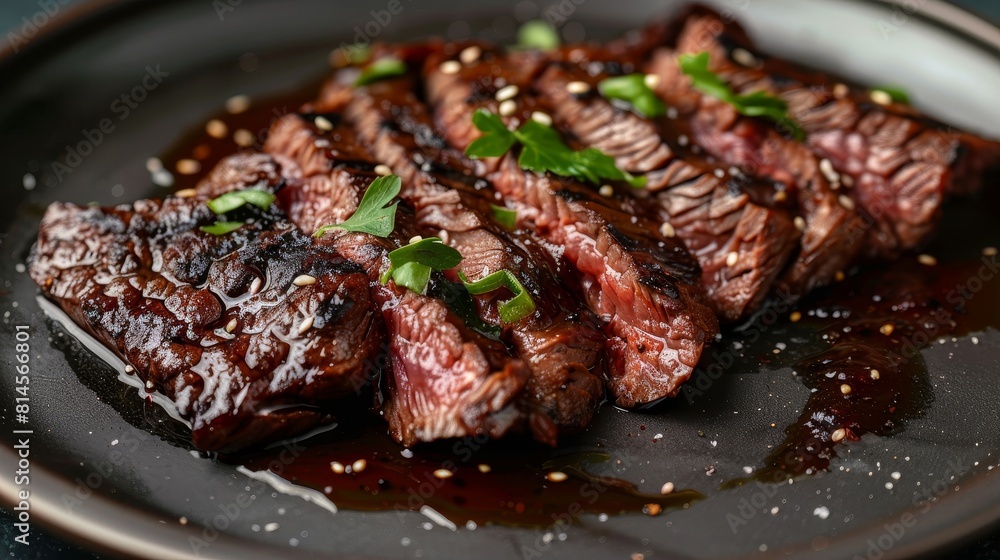 Rare skirt steak on a plate, close-up view, highlighting the tender and juicy center with a charred exterior, studio lighting