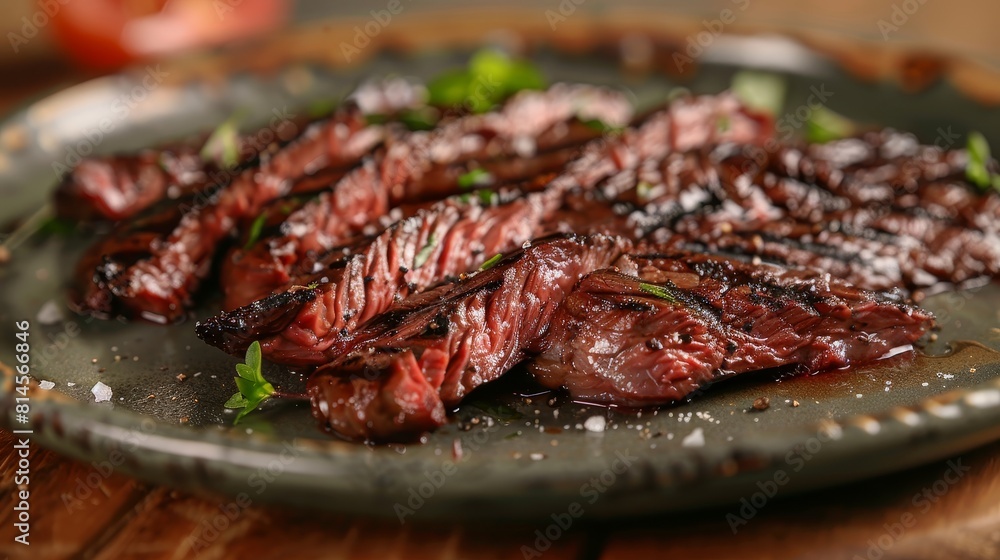 Rare skirt steak on a plate, close-up view, highlighting the tender and juicy center with a charred exterior, studio lighting Rare skirt steak on a plate, close-up view, highlighting the tender and juicy center with a charred exterior, studio lighting