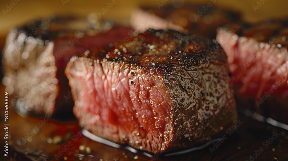 Rare Coulotte beef in a detailed close-up, showcasing the red interior and seared edges, ideal for focus and clarity in advertisements Rare Coulotte beef in a detailed close-up, showcasing the red interior and seared edges, ideal for focus and clarity in advertisements