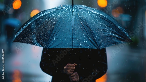 A person is holding an umbrella in the rain. The umbrella is blue and has raindrops on it. The scene is set in a city with lights and cars in the background. Scene is gloomy and wet