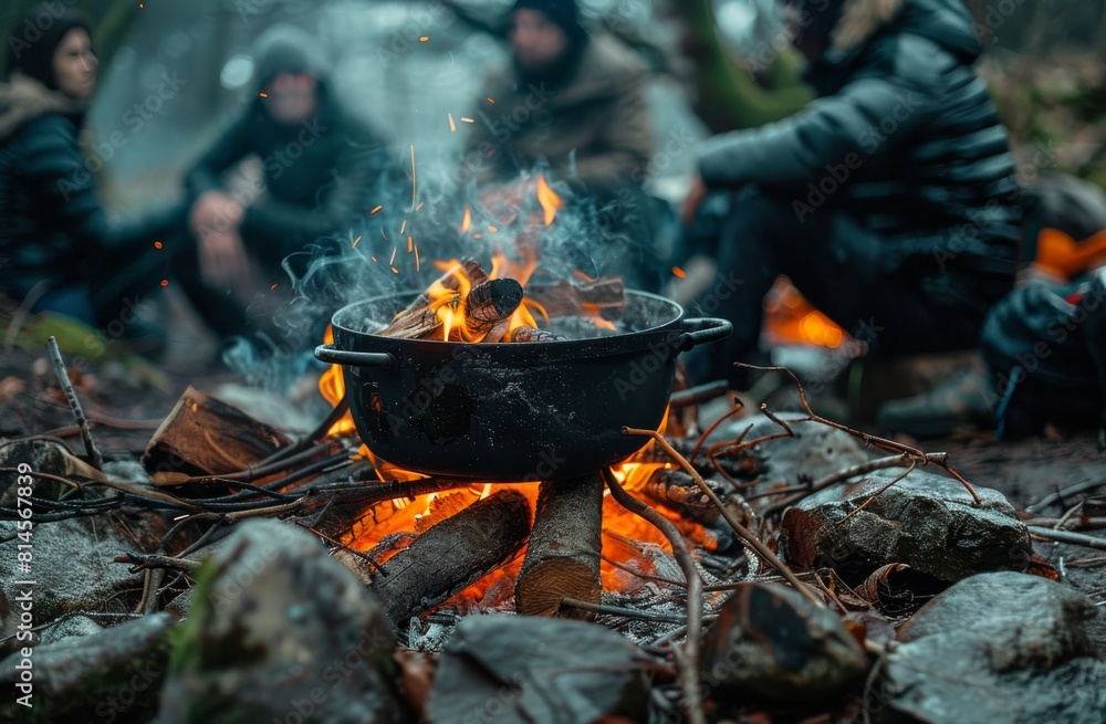 People Sitting Around Campfire With Pot People Sitting Around Campfire With Pot