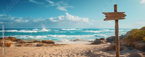 Empty wooden signpost with directional arrows, positioned on a sandy beach with the ocean in the background