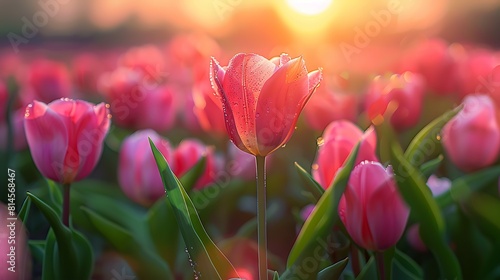 Vibrant pink tulip stands out in a field bathed in the warm glow of sunset 