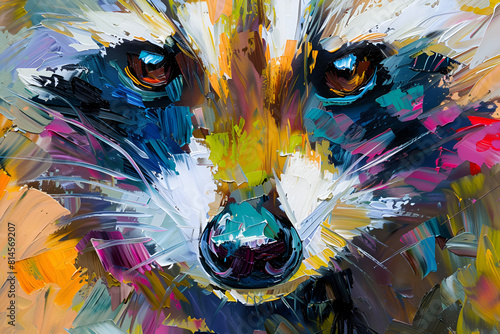 Oil raccoon portrait painting in multicolored tones. Conceptual abstract painting of a raccoon muzzle. Closeup of a painting by oil and palette knife on canvas.