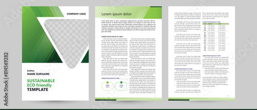 eco green sustainable ecological business document template, text information layout, cover and  infographic design for brochure booklet, annual report, newsletter book page. triangle shape background