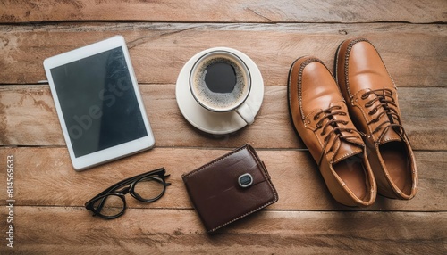 Flat lay of business essentials: tablet, coffee, shoes, wallet, and glasses on wooden table. Calm, organized, and ready for work. photo
