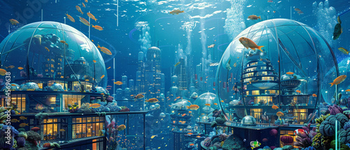 Majestic underwater city featuring glass domes, vibrant marine life, and a peaceful ocean setting.