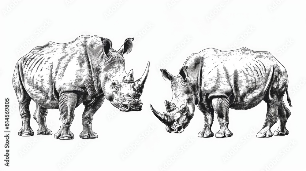 Fototapeta premium A pair of rhinos standing side by side. Suitable for nature and wildlife concepts