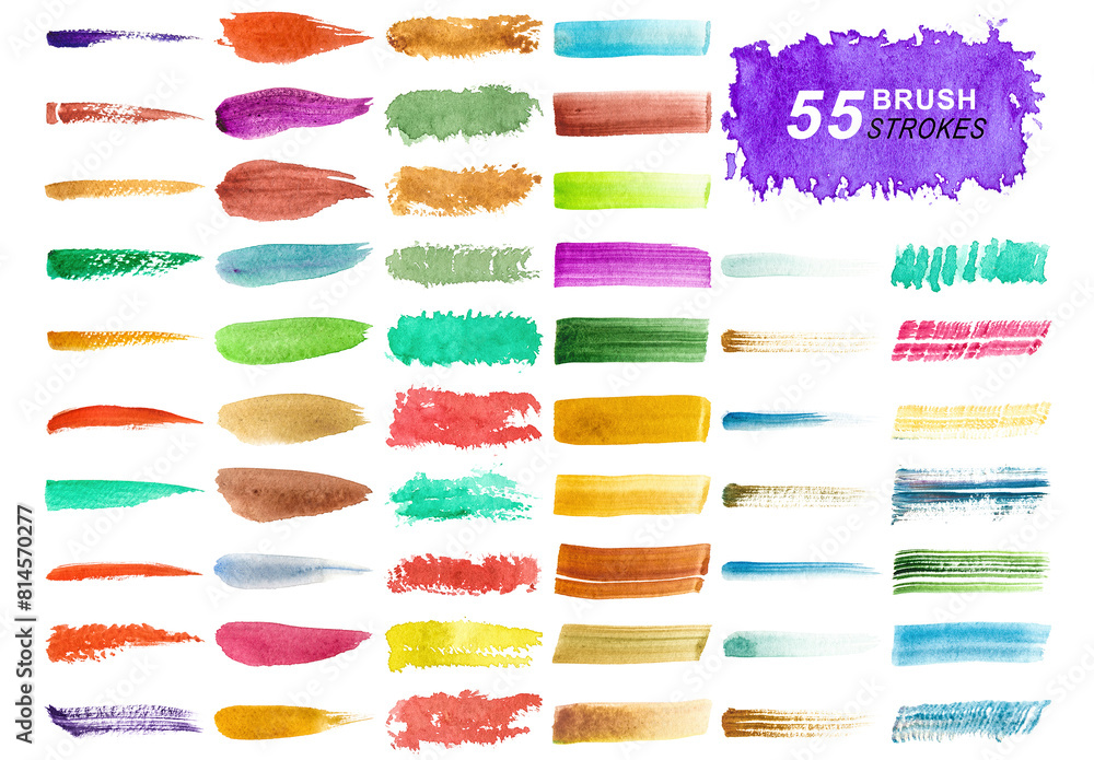 Collection of colorful watercolor brush strokes and splatters isolated ...