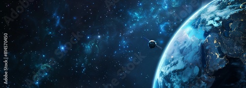 satellite in orbit above the earth  blue planet with clouds  starry sky