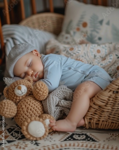 Baby Sleeping in Basket With Bear