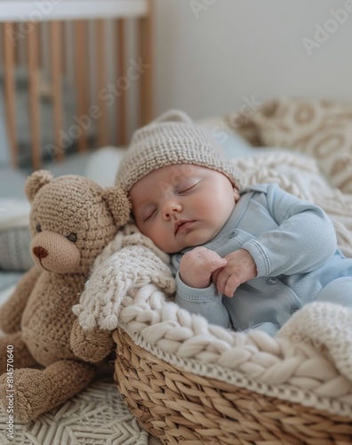 Baby Sleeping in Basket With Bear