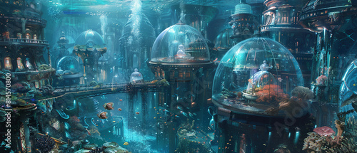 Vibrant marine life thrives in glass-domed underwater city, showcasing a colorful and diverse ecosystem.