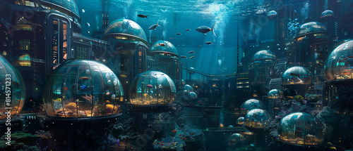 An underwater city with glass domes, bustling with marine life in vivid colors. © Szalai