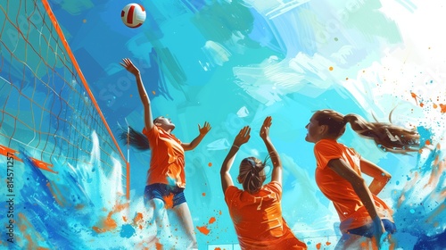 Illustration of women's volleyball players in playing on abstract background.