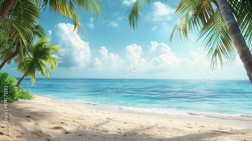 Beautiful summer background with palm leaves and sandy sea beach under a blue sky. Copy space.