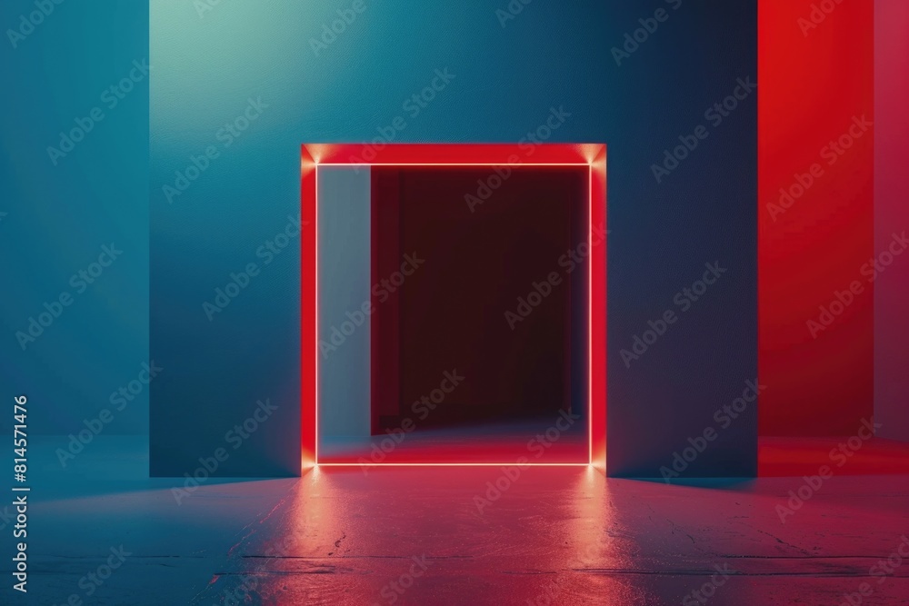 Interior of a room with contrasting red and blue walls, featuring an open door. Suitable for real estate or interior design concepts Interior of a room with contrasting red and blue walls, featuring an open door. Suitable for real estate or interior design concepts