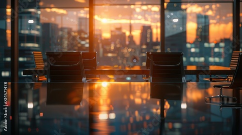 A city skyline is reflected in a glass table with two chairs