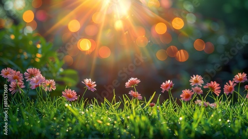 Spring background with green grass and blurred sun rays on bokeh