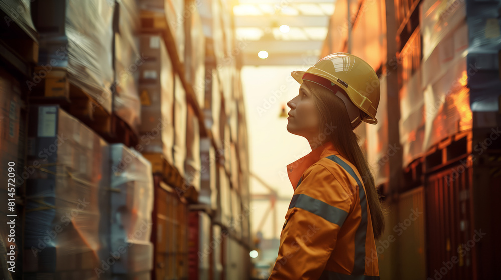 Woman wearing a yellow helmet and an orange safety vest stands in a warehouse at the seaport. Engineer checks the availability of product Woman wearing a yellow helmet and an orange safety vest stands in a warehouse at the seaport. Engineer checks the availability of product