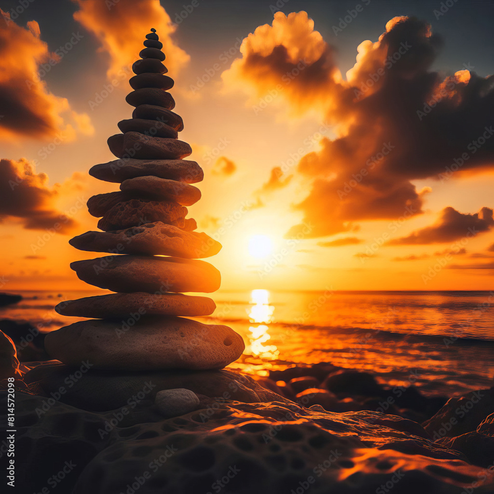 Obraz premium Zen stones balance, pyramid on sunset beach sand. Sea waves, water. orange sunset sky as background, serenity and harmony. Seascape photorealistic illustration