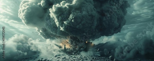 Closeup of the swirling debris and smoke in an atomic mushroom cloud, motion blur capturing the chaos, hyperrealistic, with harsh, directional lighting