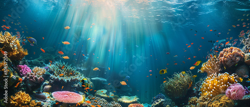 Vibrant coral reef bursting with colorful marine life, showcasing the beauty of underwater ecosystems.