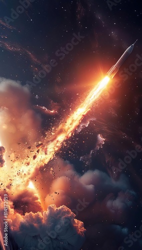 Detailed illustration of a rocket breaking through the atmosphere, parts separating, hyperrealistic, lit by the sun from an oblique angle